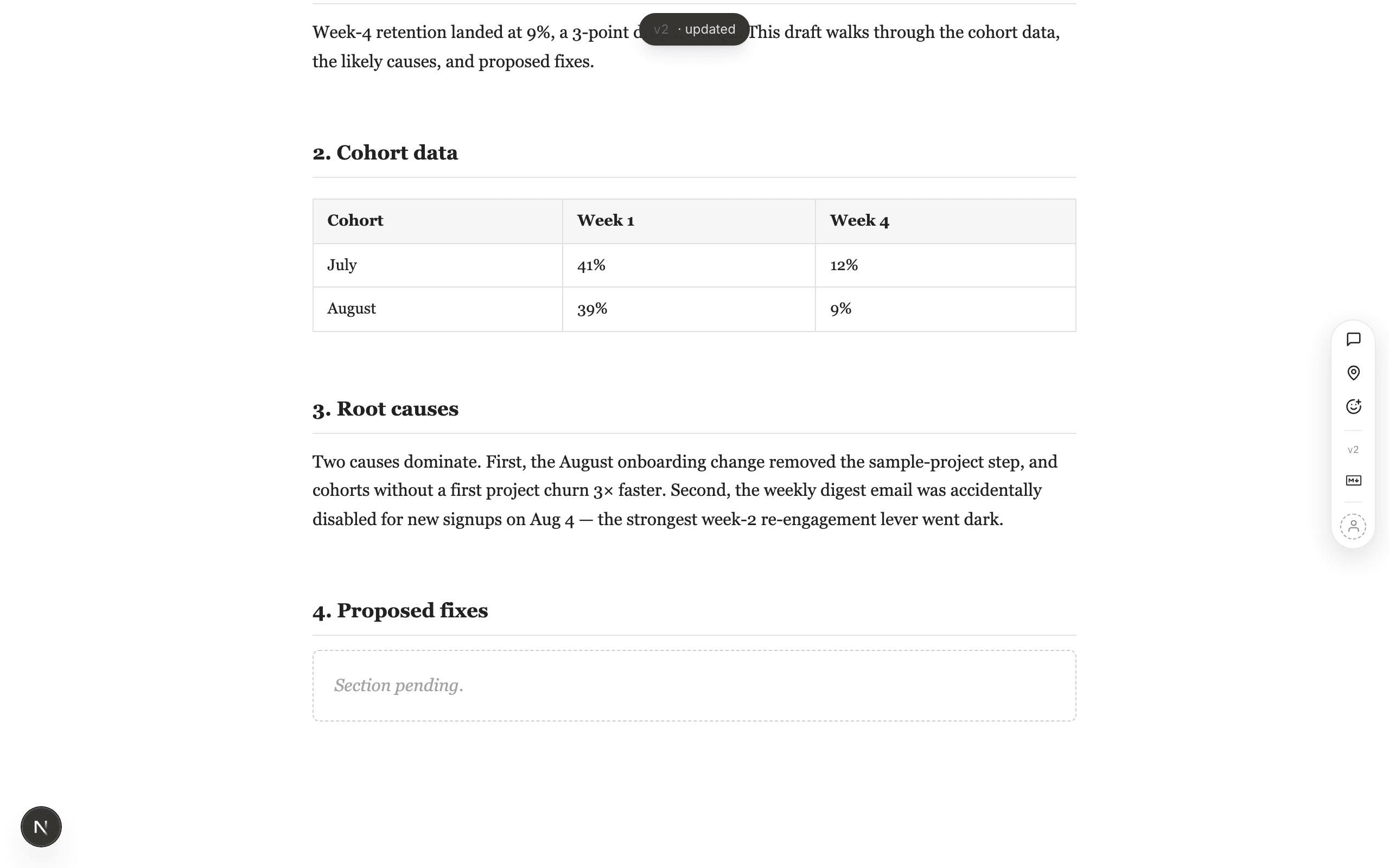The report mid-read with a v2 · updated tick at the top and a freshly written section now filled in.