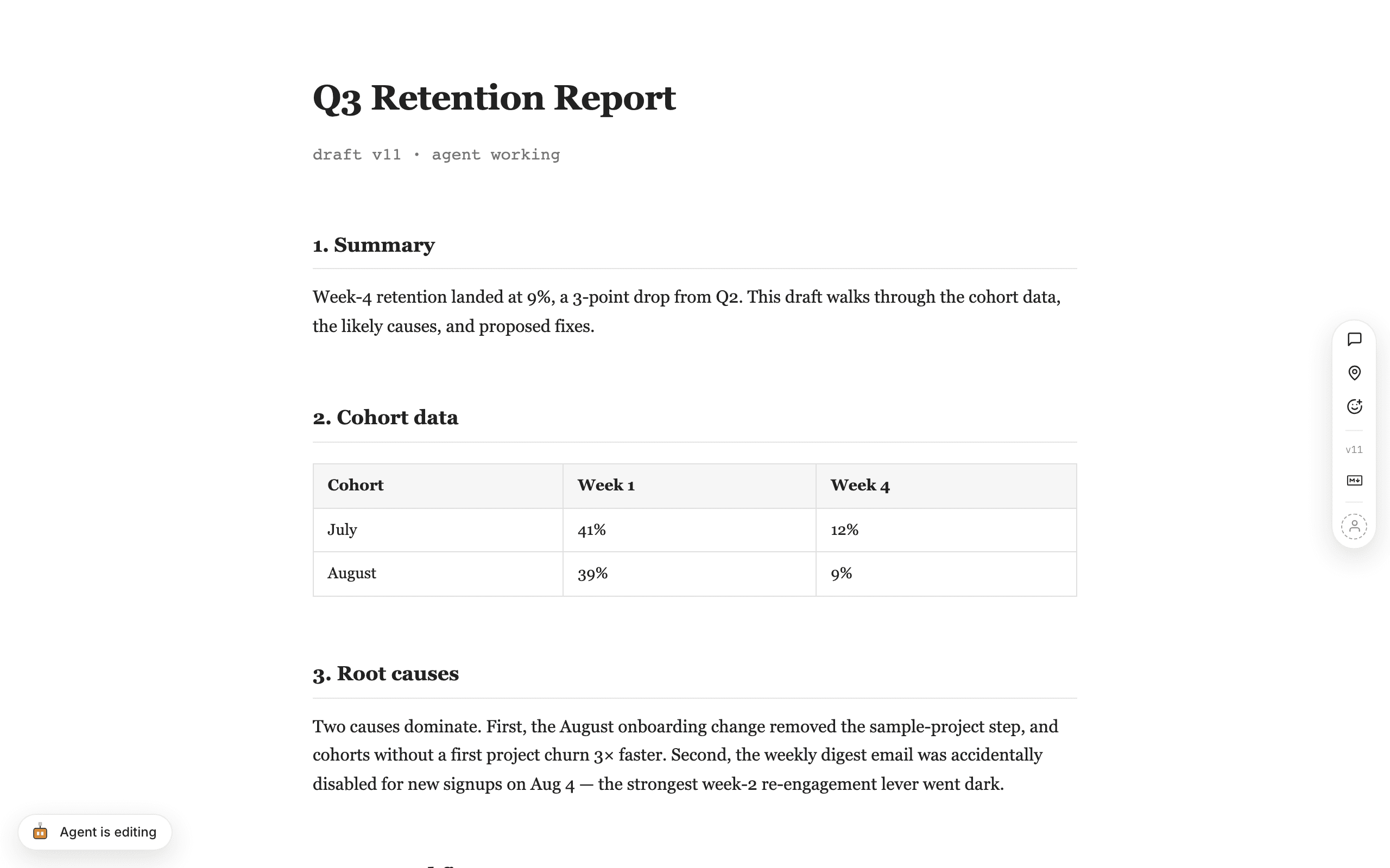 Review page with the Agent is editing indicator in the corner of a draft report whose next section is still pending.