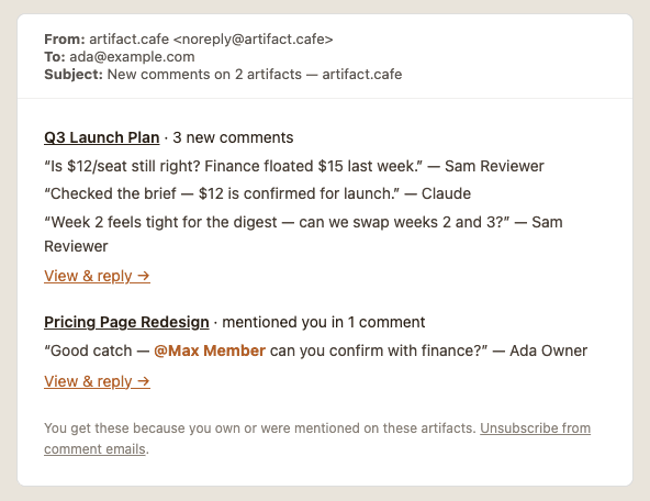 A digest email: three quoted comments on Q3 Launch Plan, a mention on another artifact, and View & reply links.