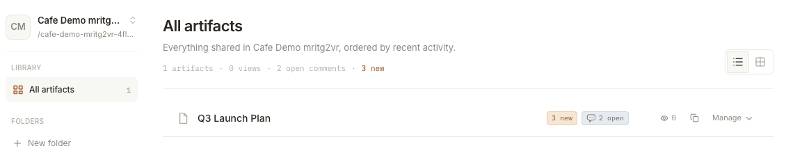 A dashboard artifact row wearing an amber "3 new" pill beside its open-comment count.
