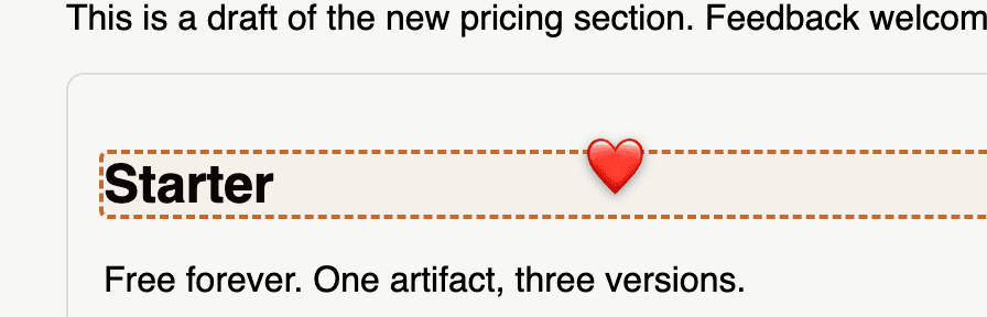 A red-heart stamp dropped on the Starter heading of a draft pricing section, inside the amber point-anchor outline.