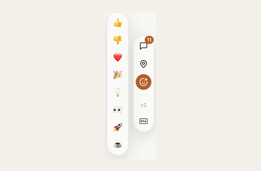 The review rail with its eight-emoji stamp palette open alongside: thumbs up, thumbs down, heart, party, bulb, eyes, rocket, coffee.
