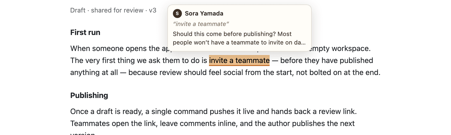 A review draft with the phrase “invite a teammate” highlighted; a hover card above it shows Sora Yamada’s avatar, the quoted phrase, and the opening of their comment.