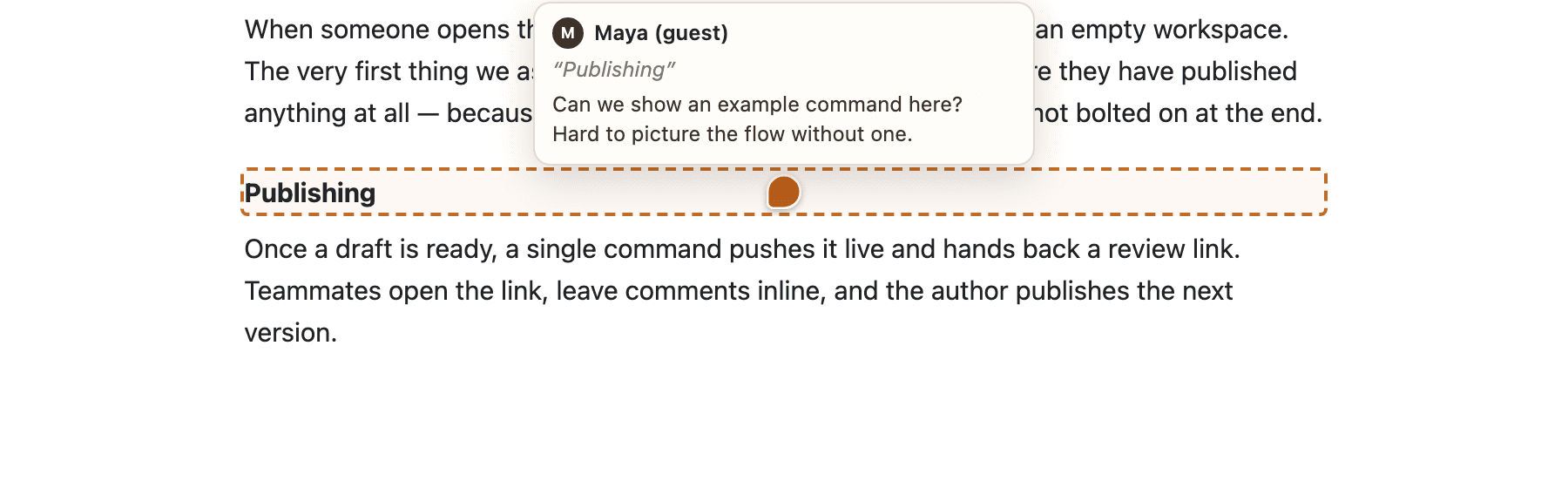A pin on a “Publishing” heading, the heading outlined beneath a hover card showing Maya (guest)’s note about the section.